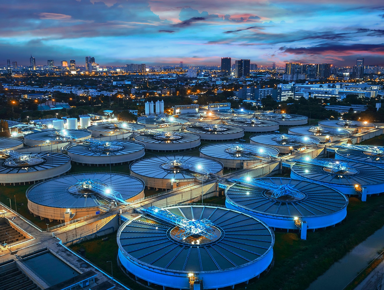 Overhead shot of a treatment plant at night time