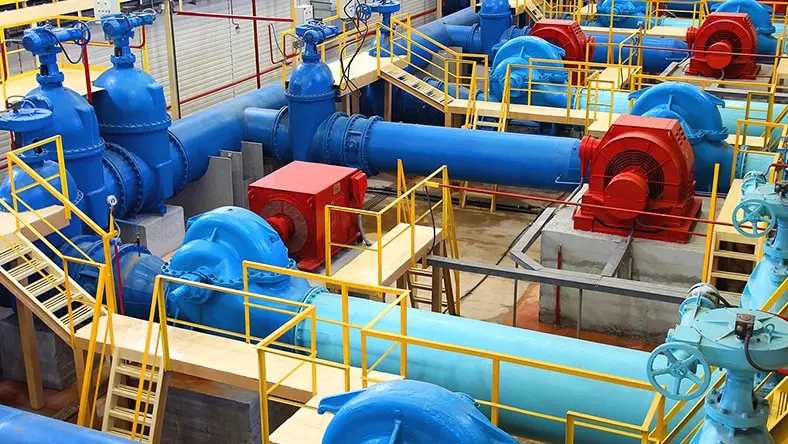 Water pipes within a water pumping station
