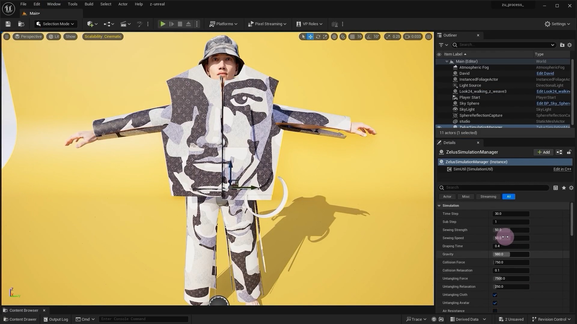 A computer screen displays a fashion avatar modeling a camouflage outfit.