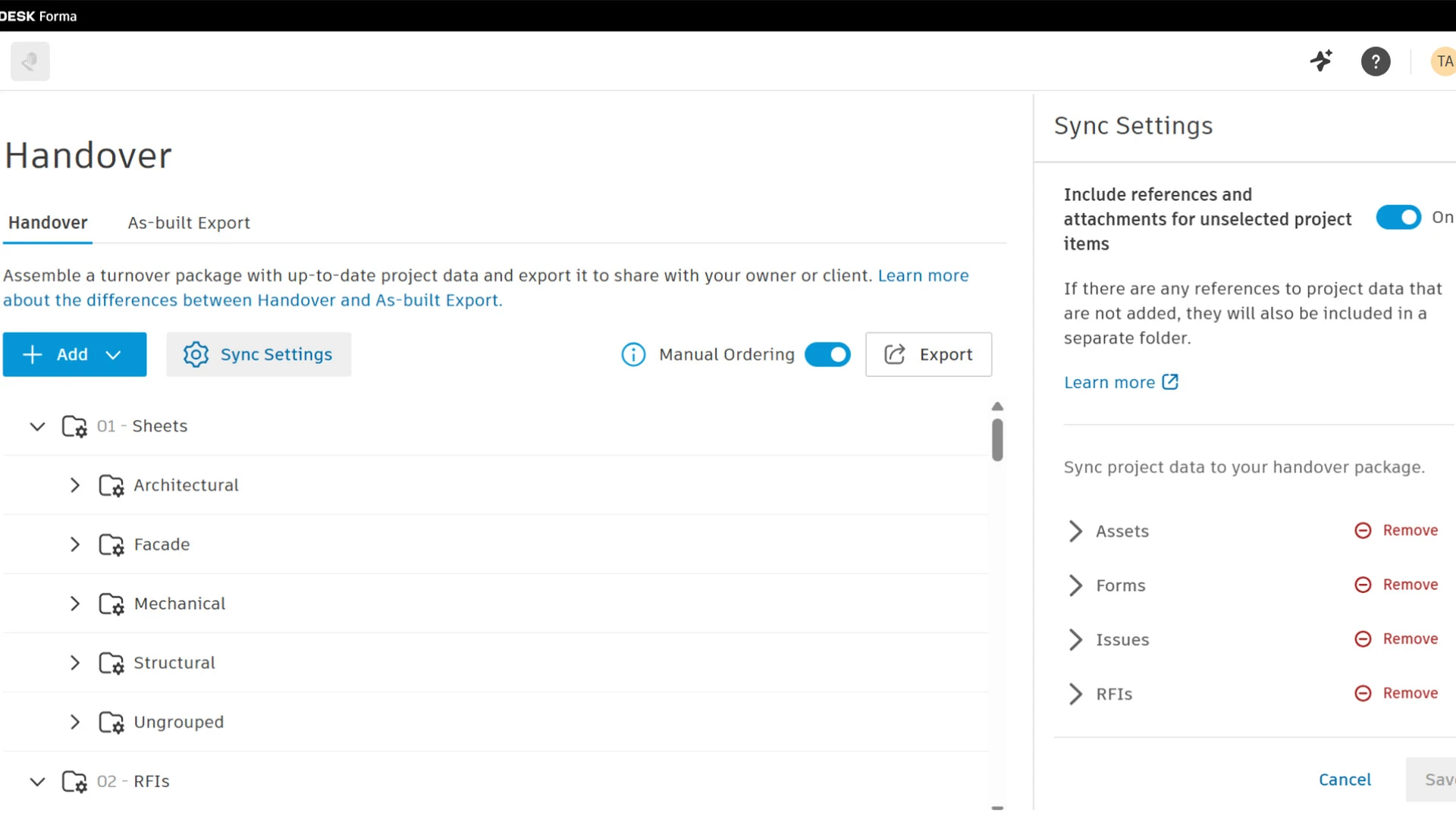 Handover settings screen showing project data folders, sync options, and export controls for assembling a turnover package.