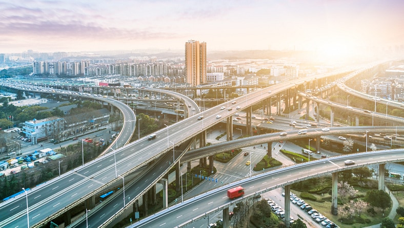 Aerial view of freeway overpasses