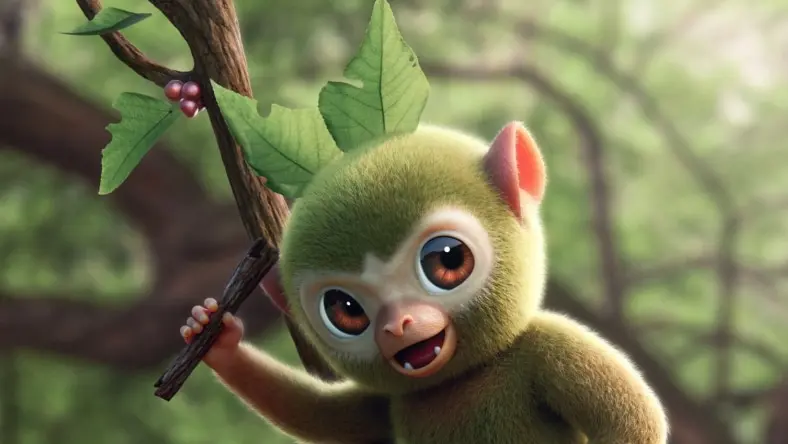 Animated character holding a leafy branch.