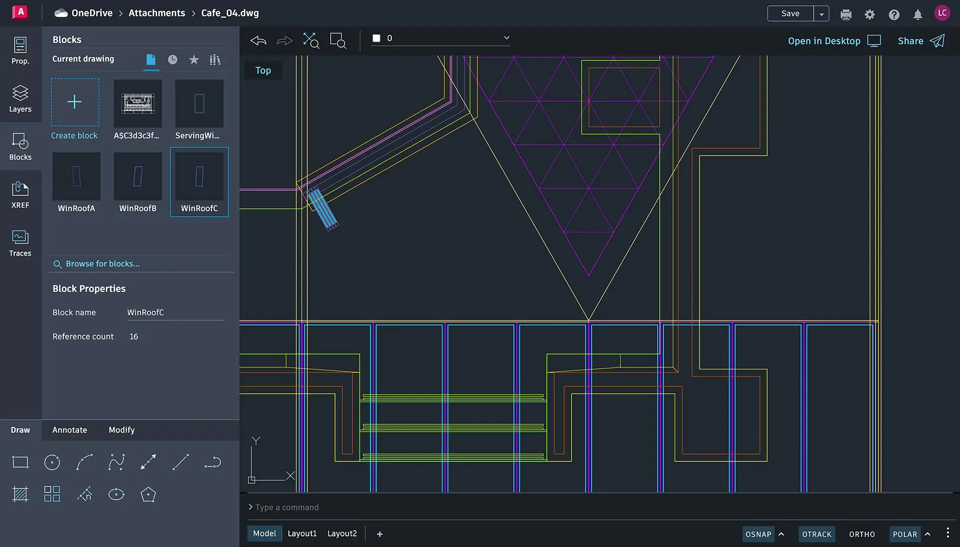 AutoCAD interface showing blocks, layers, and a detailed drawing with highlighted block properties and reference count.
