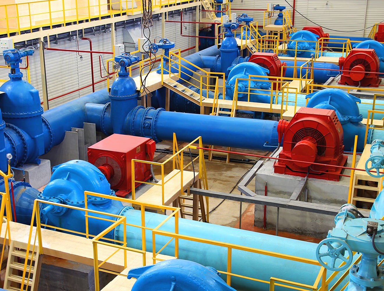 Wide angle view of the inside of a water pumping station