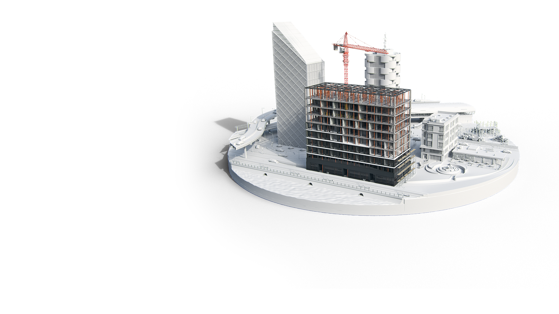 Construction phase model of a multi-story building with framework, crane, and site elements visible.