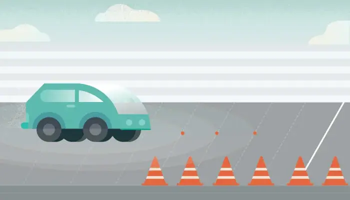 Illustration of an autonomous vehicle in front of orange pylons