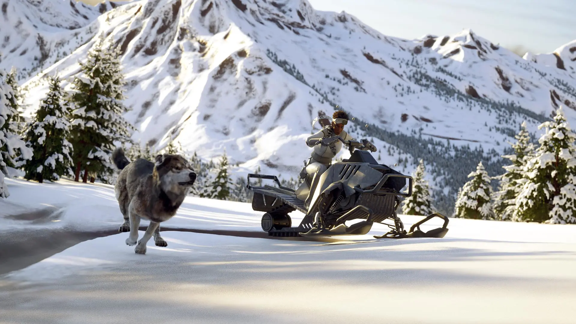 Wolf and woman on snowmobile racing away from snowy mountain