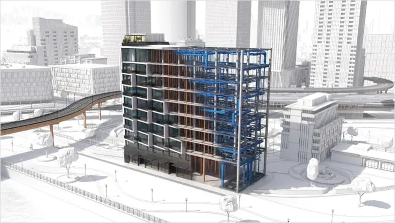 Rendering of a city and infrastructure illustrating BIM