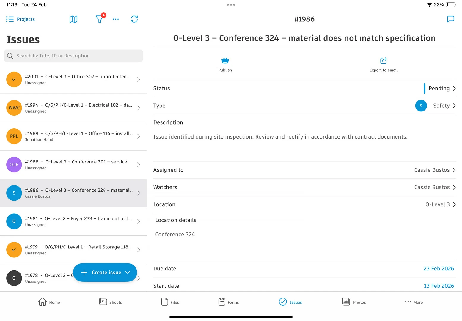 Mobile Issues screen showing safety issue details, status pending, assignee, location, and due date.