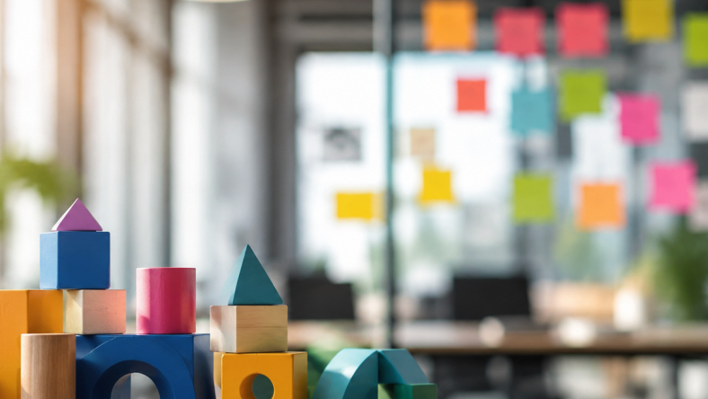 Colorful wooden building blocks arranged on a desk in front of a glass wall with colorful sticky notes.
