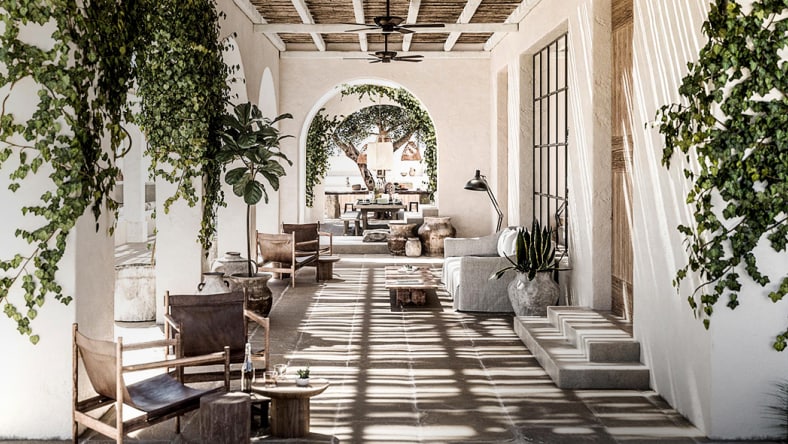 outside seating area with arches in the background