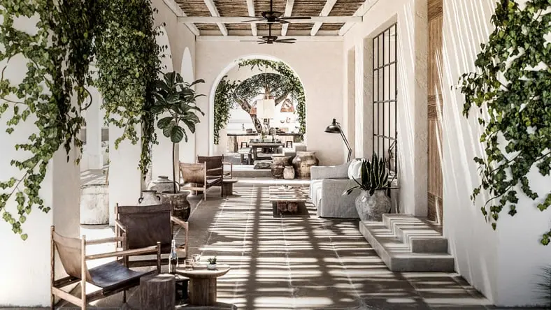 outside seating area with arches in the background