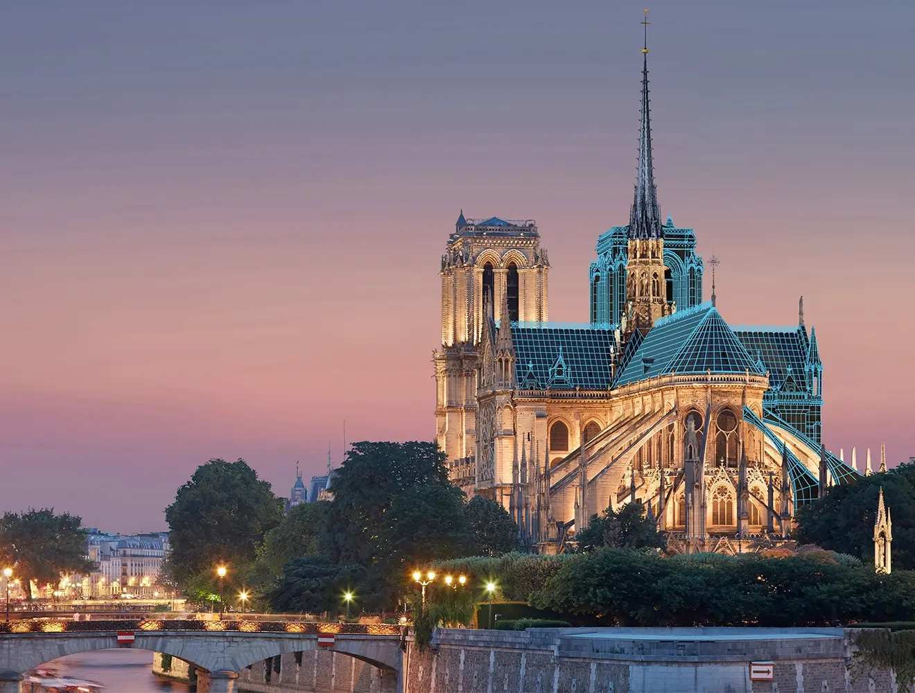 A 3D visualization of one of the angles of the restored Notre-Dame Cathedral, created by Autodesk.