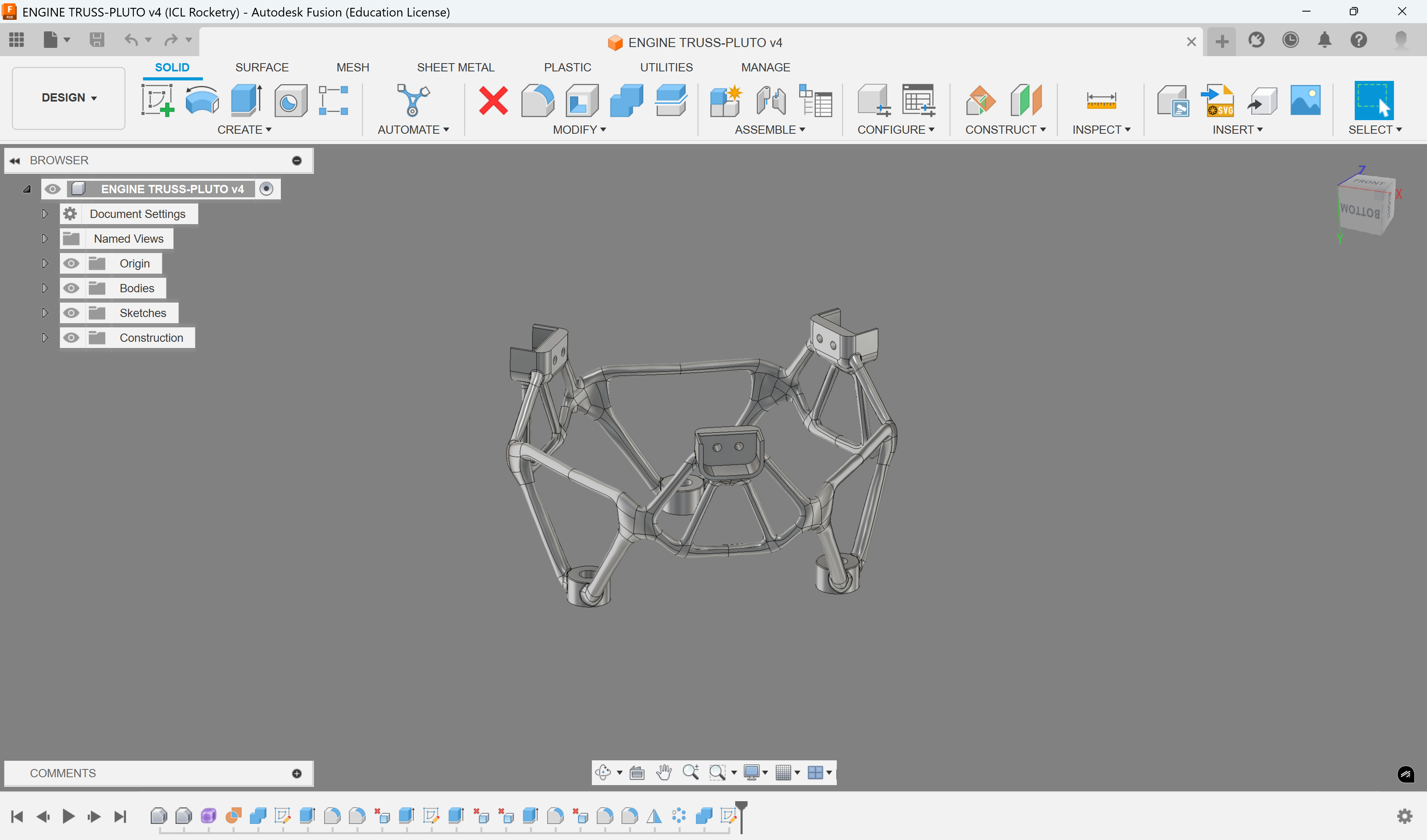 Screenshot of engine truss design in Autodesk Fusion