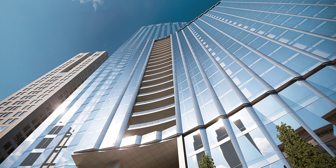 view from the ground straight up the winthrop center in boston