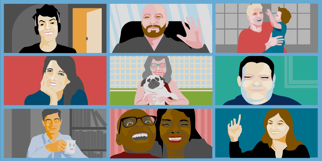 Illustration of a Zoom call with nine participants