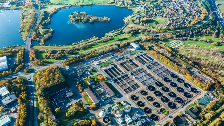 Aerial photo of purification tanks of a modern wastewater treatment plant