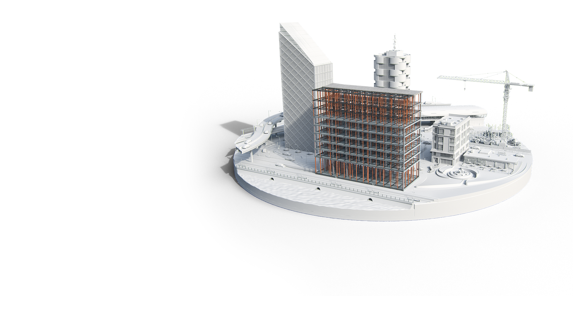 Architectural visualization of buildings and infrastructure displayed in a 3D model environment.