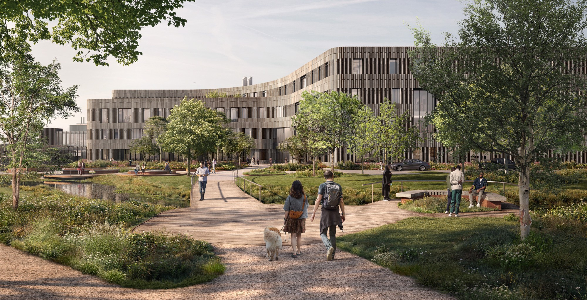 Rendering of a building campus with people walking on sidewalks