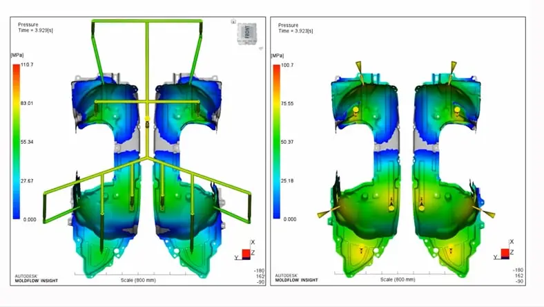 Screenshot of hot runner modeled in Moldflow simulation by Runipsys.