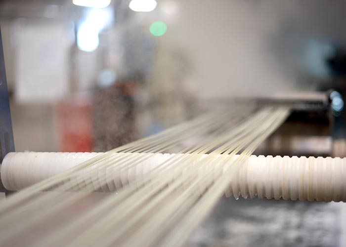 Plastic strands emerge from an extrusion machine