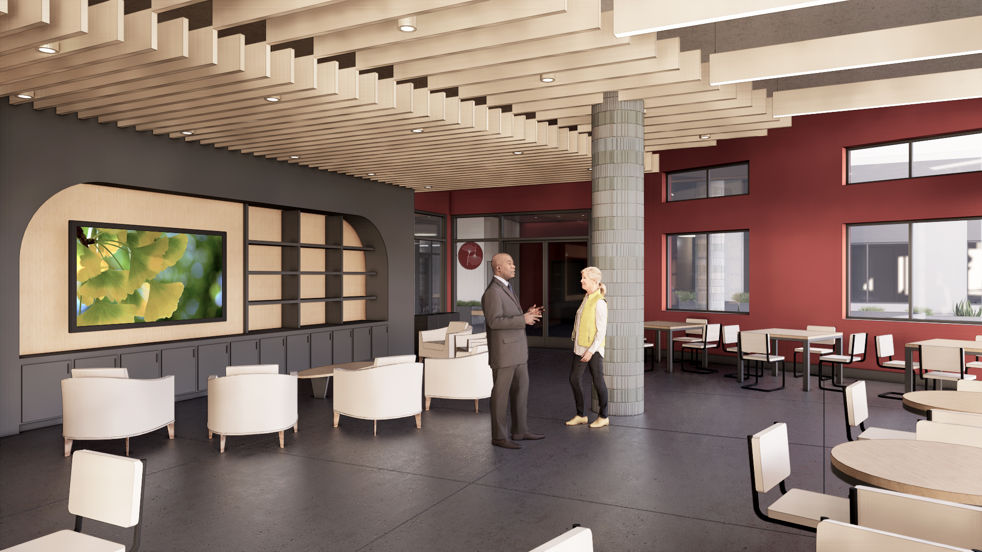 Gathering space at 4200 Geary with tables, chairs, and large flatscreen TV