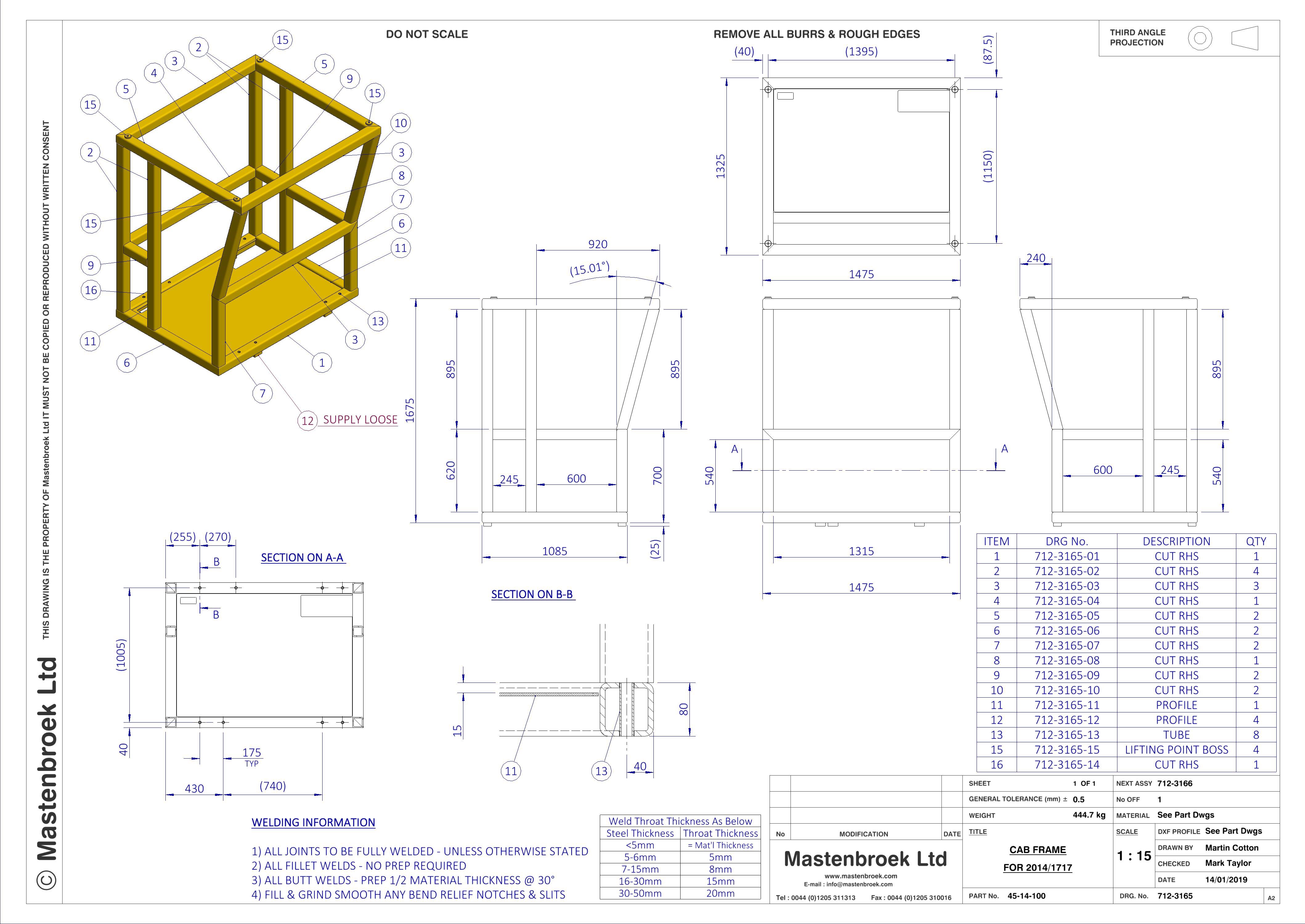 A technical drawing of a trencher Cab frame, by Mastenbroek