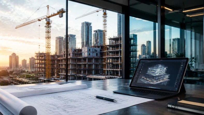 Architectural plans on a desk with a laptop displaying a 3D building model, viewed through a large window with a city skyline and construction cranes in the background.