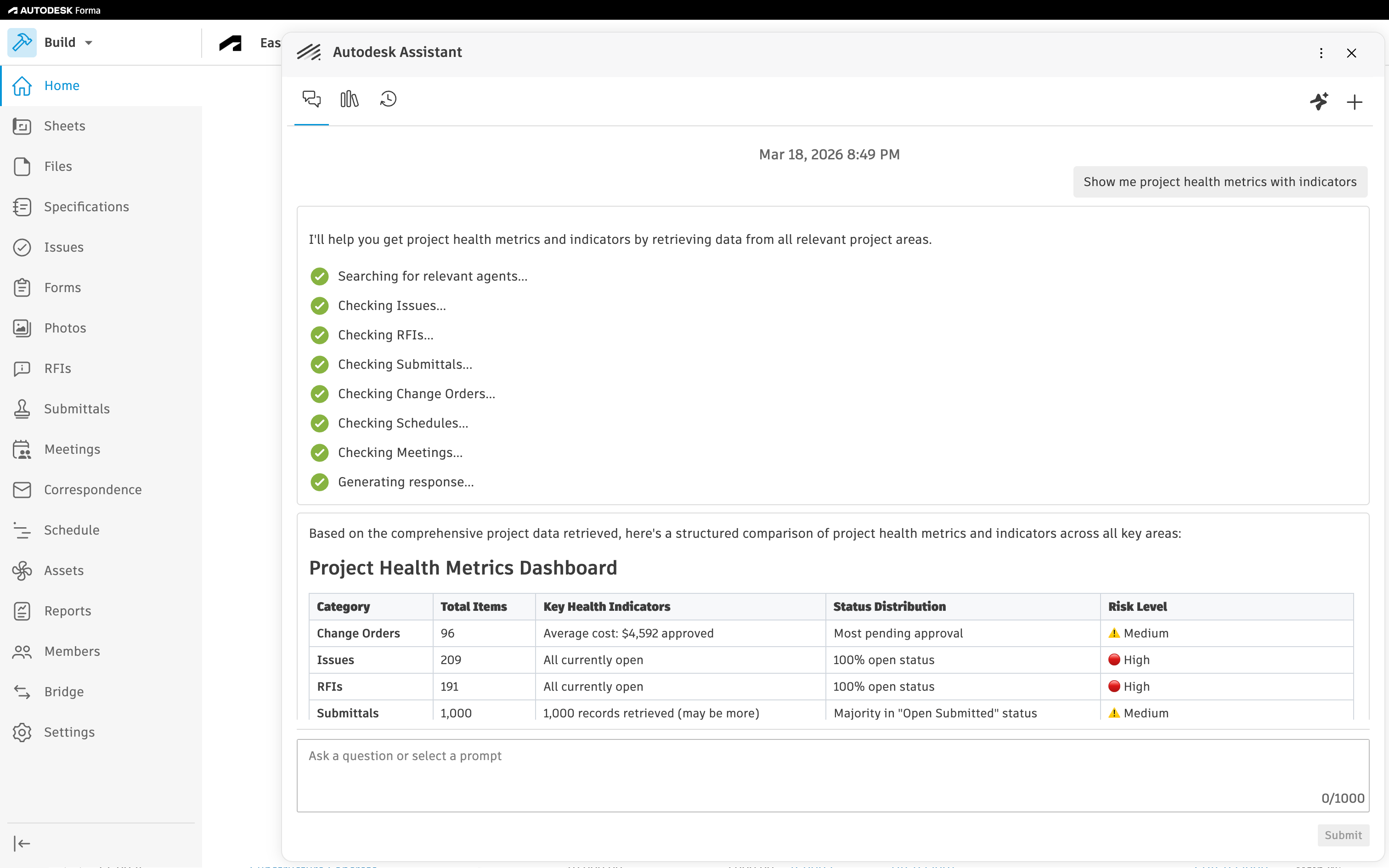 Insight dashboard showing project address, weather, quality and safety risk, issues, RFIs, and risk factor metrics.