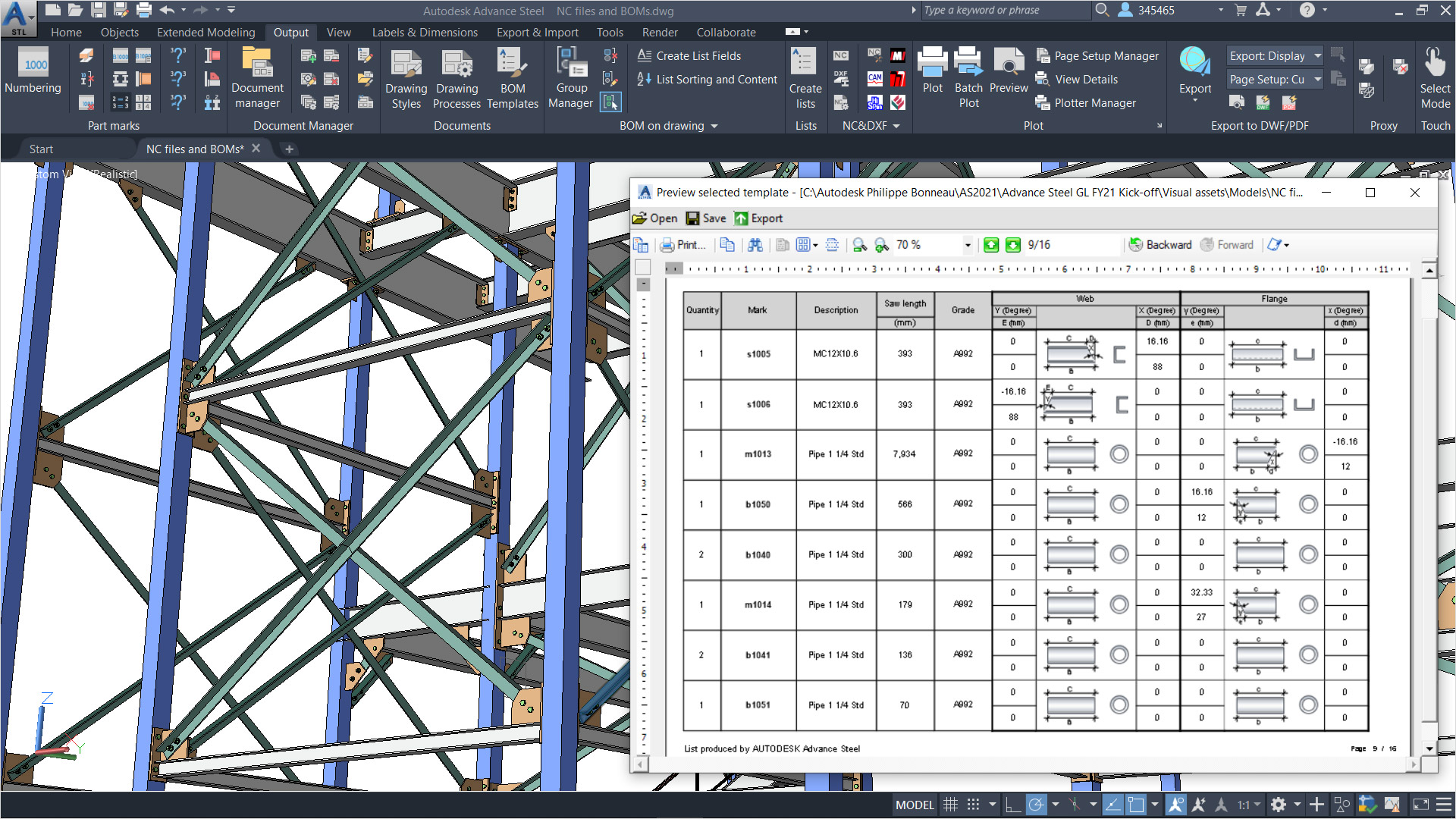 Drawing of structure with measurement notes in Advance Steel