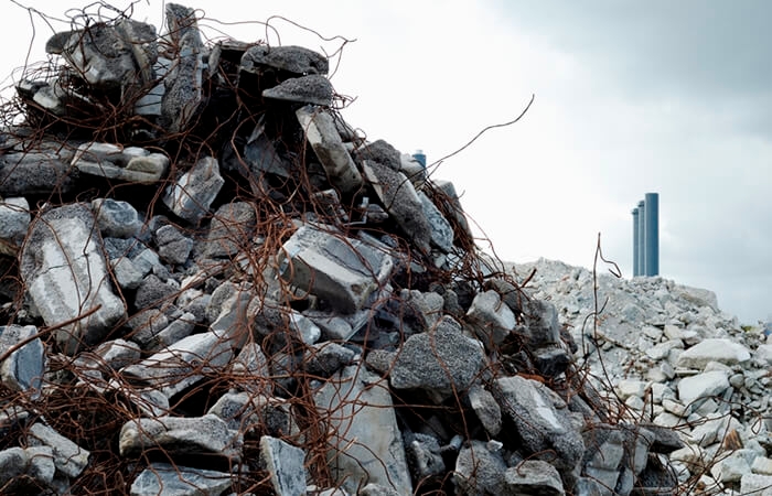 A pile of concrete construction waste
