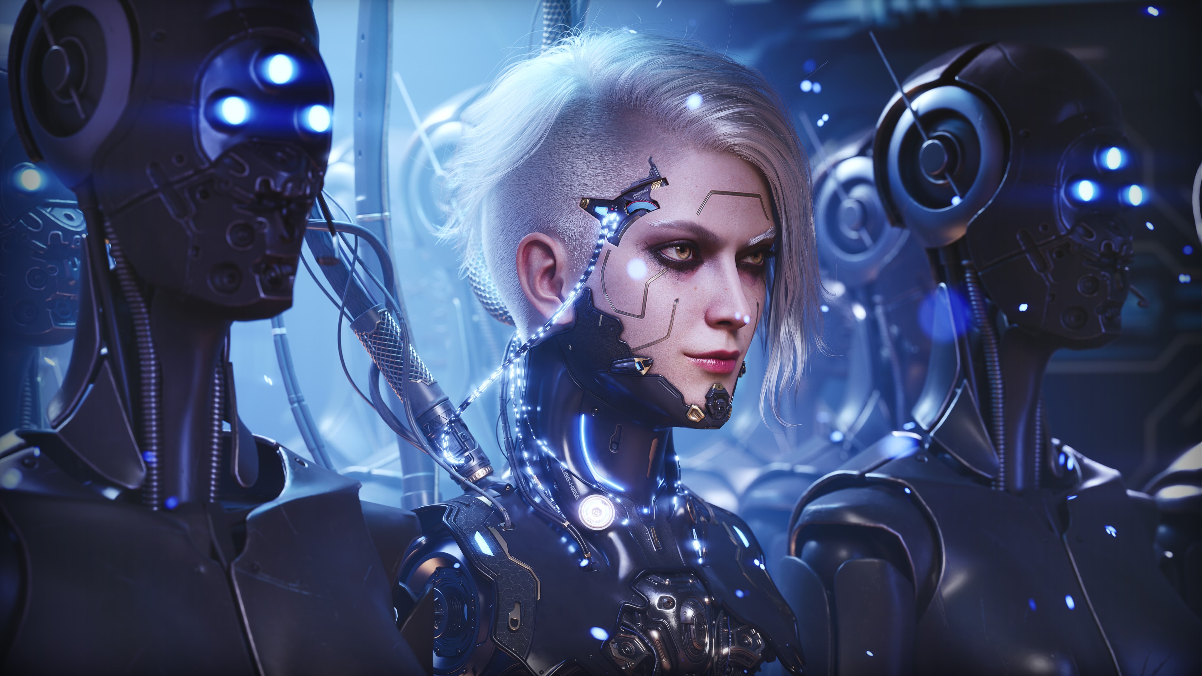 Woman Cyborg with white hair beside other cyborgs