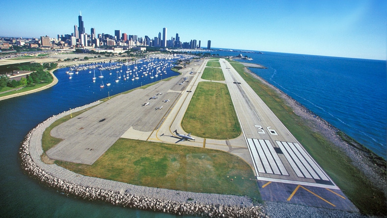 Aerial view of Meigs Airport landing strip in Chicago, Illinois
