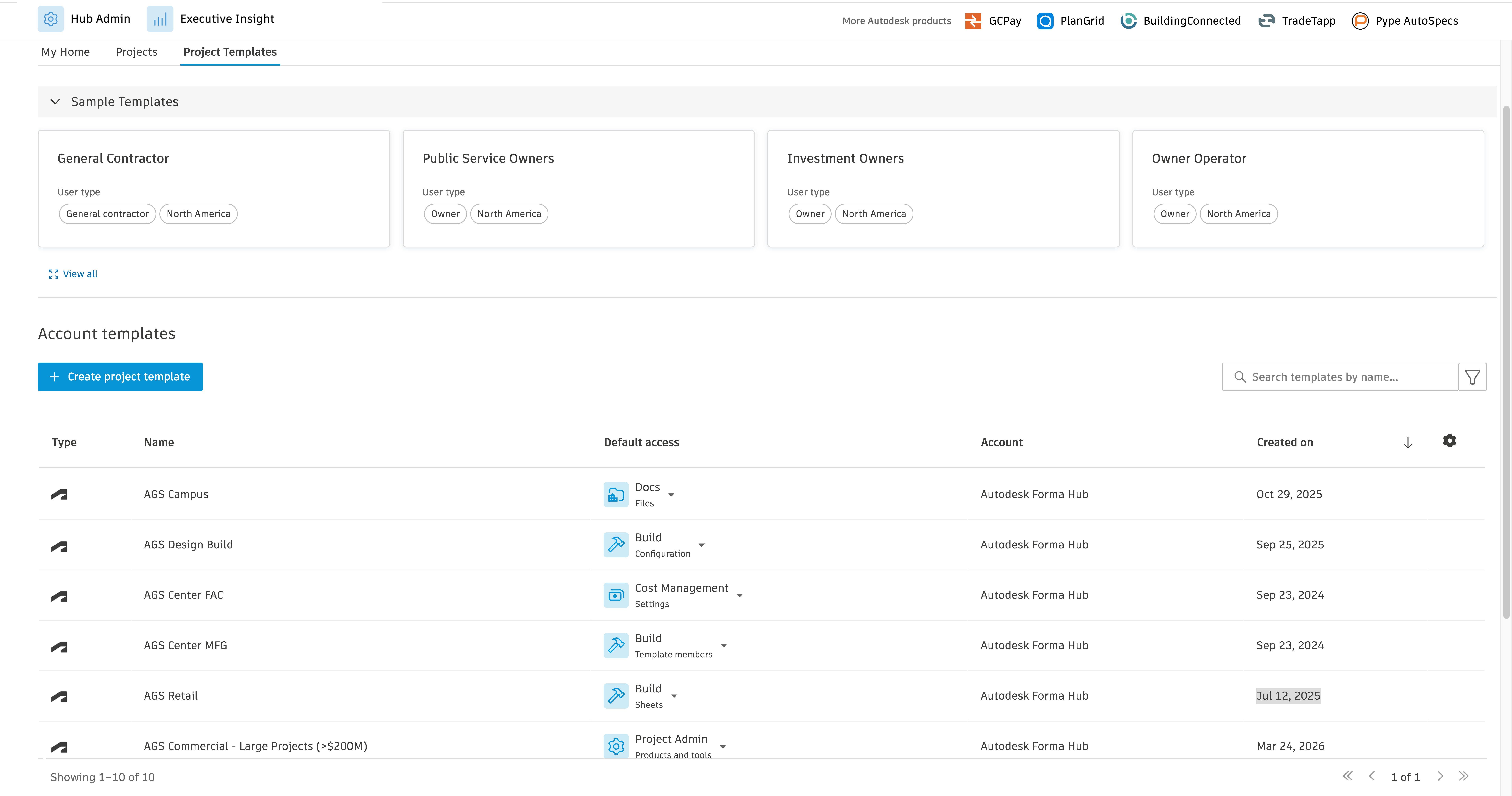 Project Templates page showing sample templates and account templates with default access and creation dates.