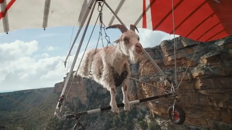 VFX Untold Studios still from commercial goat hang-gliding