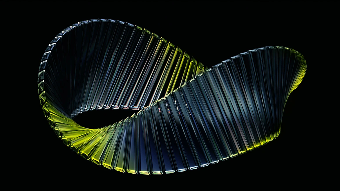 Abstract twisted ribbon with yellow highlights on a black background.
