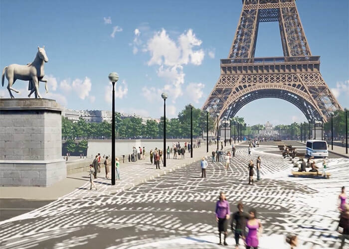 Rendering of the base of the Eiffel Tower and walkway to it