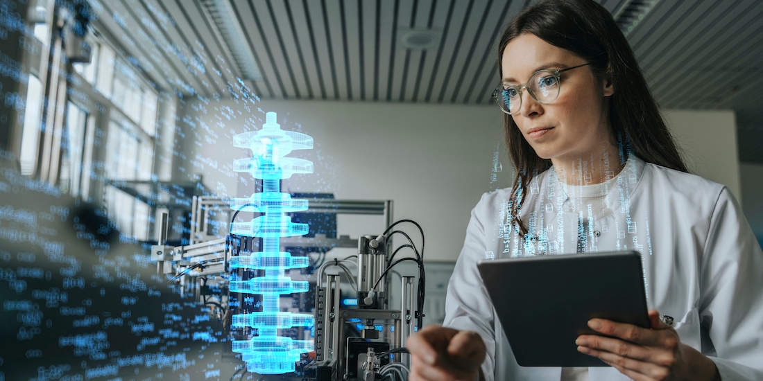 A woman looking at a simulated mockup of a building.
