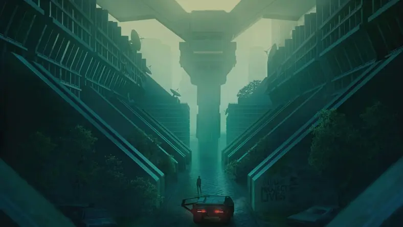 Person outside of car in green cityscape