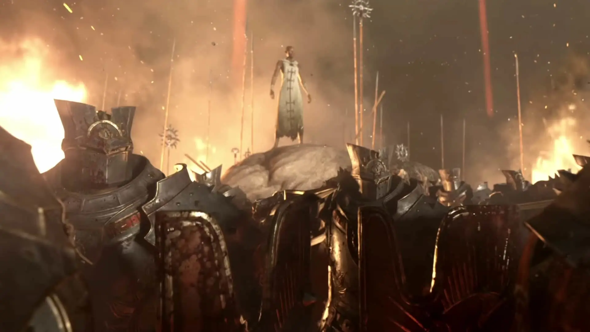 Soldiers standing in formation, preparing for battle.