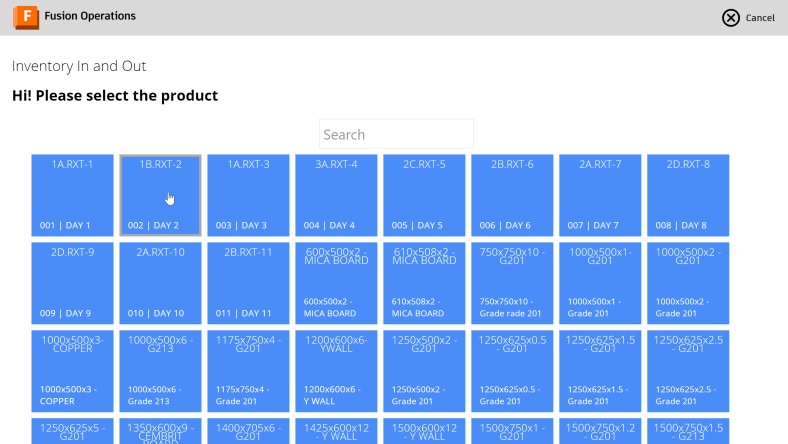 Image of a screenshot showing Inventory in and out logging using the Autodesk Fusion Operations app.