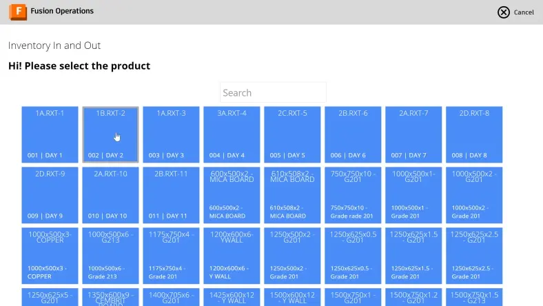 Image of a screenshot showing Inventory in and out logging using the Autodesk Fusion Operations app.