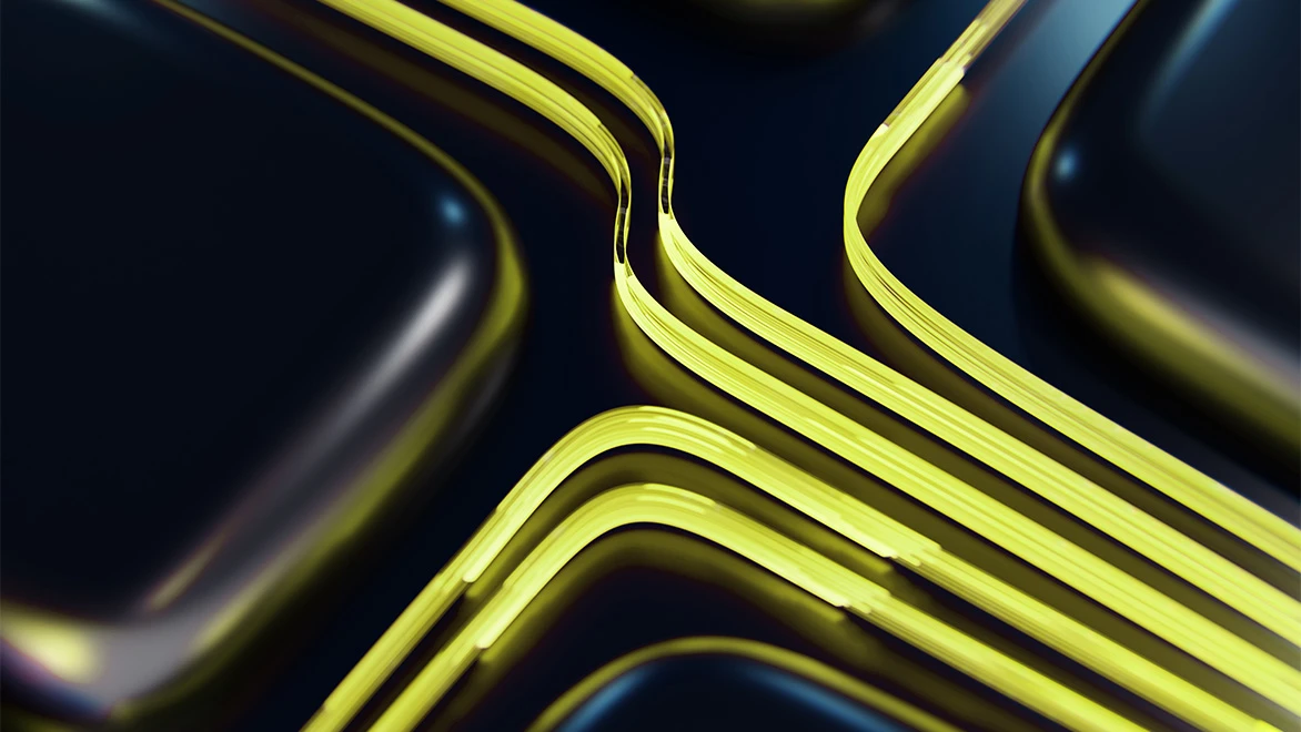 Abstract glowing yellow pathways between dark geometric forms.