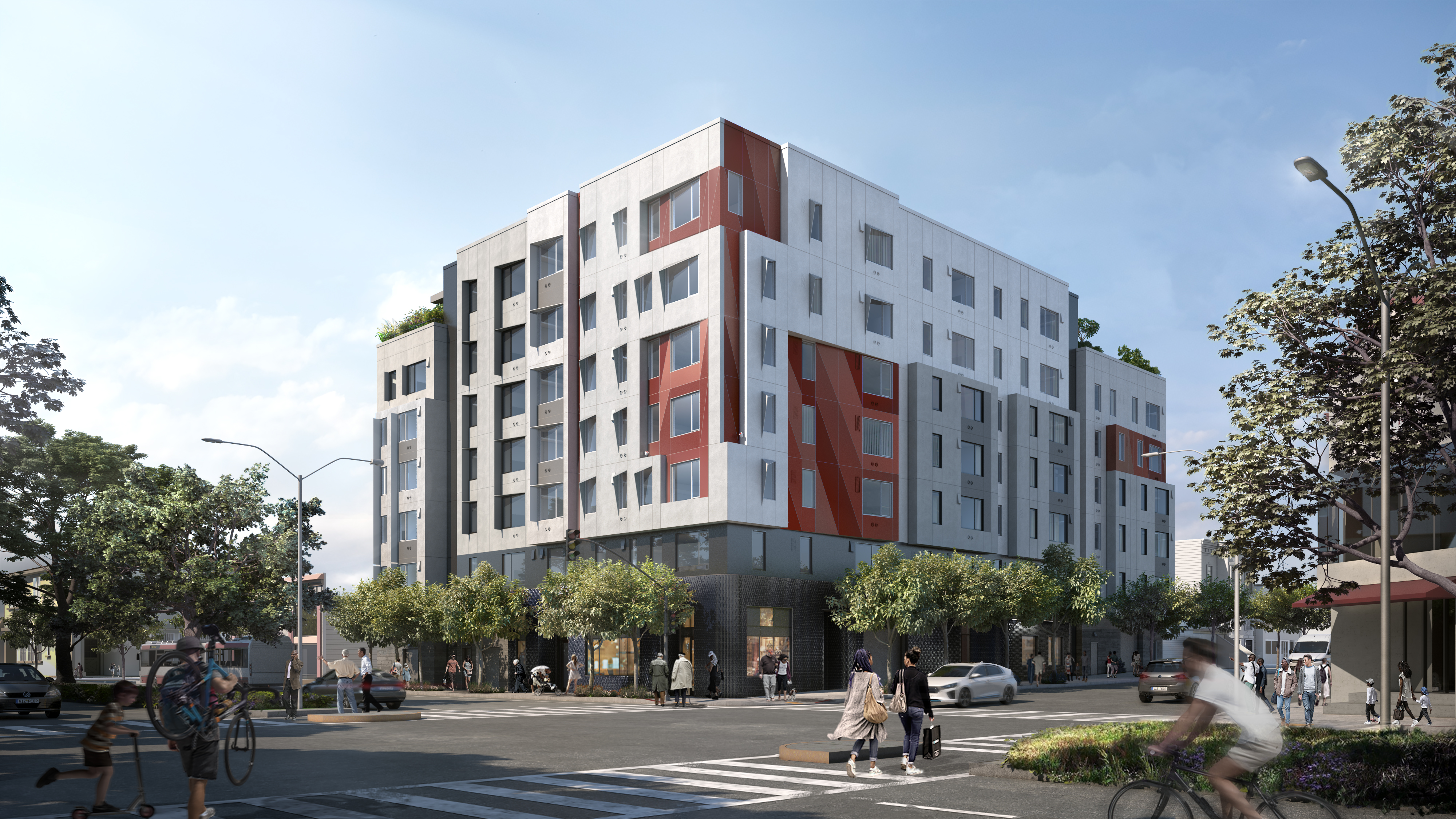 Exterior of 4200 Geary with red, white, and gray facade
