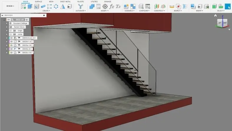 A Fusion software window shows a rendering of a staircase.