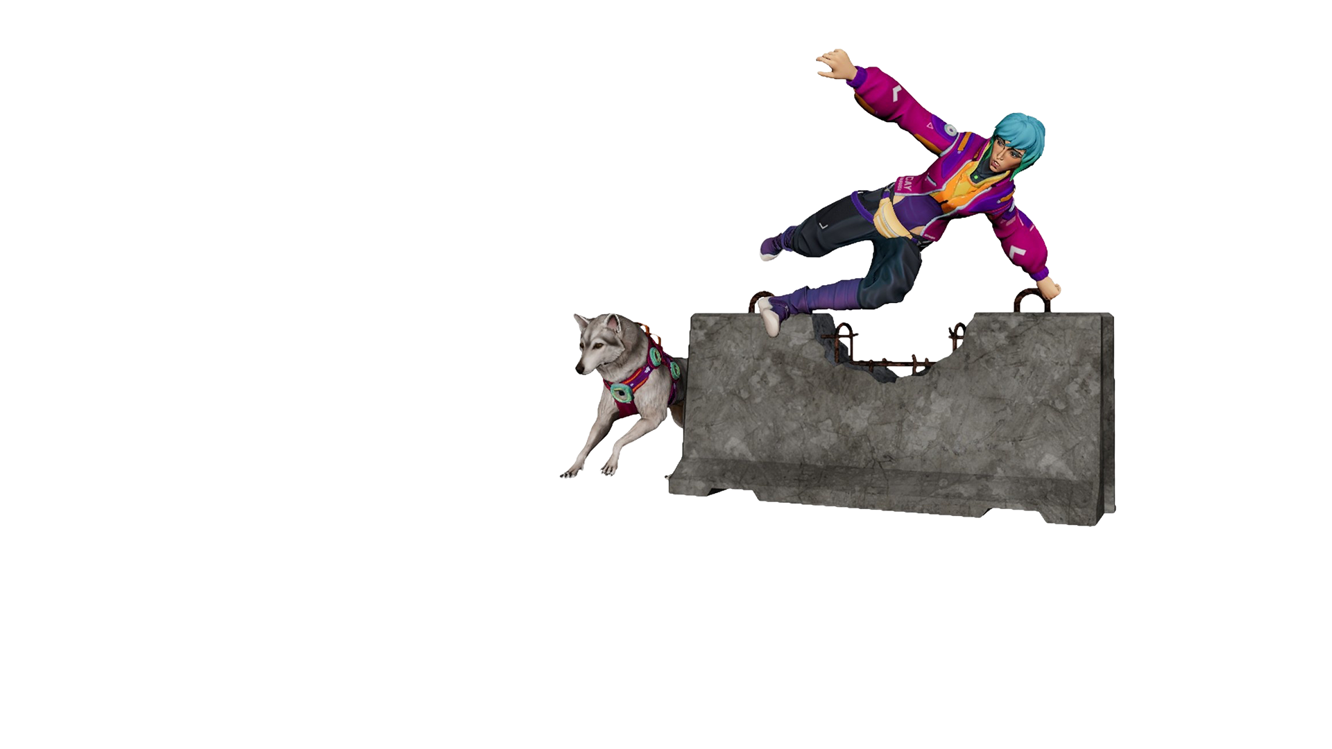 A 3D model of a woman and dog jumping over a concrete obstacle.