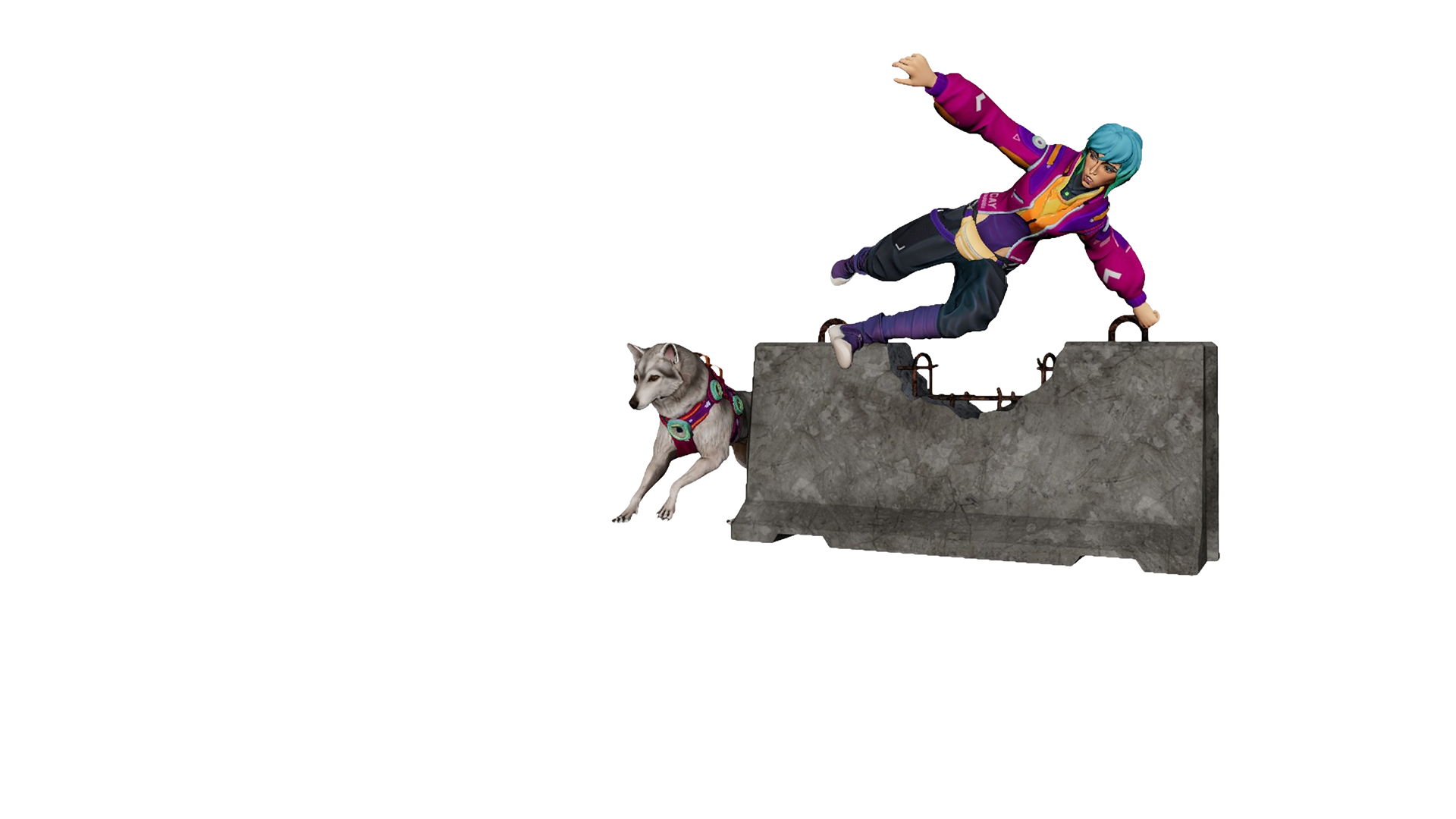 A 3D model of a woman and dog jumping over a concrete obstacle.