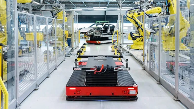 Interior of Porsche's automated industrial factory.