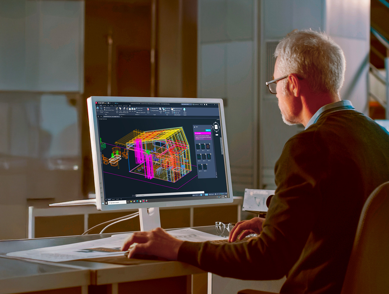 Person using AI-powered features in AutoCAD to enhance a design file