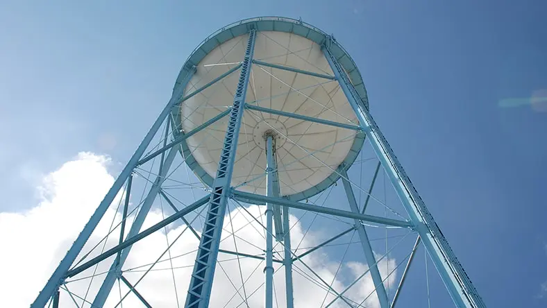 A water tower seen from below